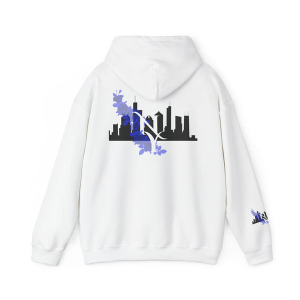 City Skyline Hoodie with Blue Floral Silhouette