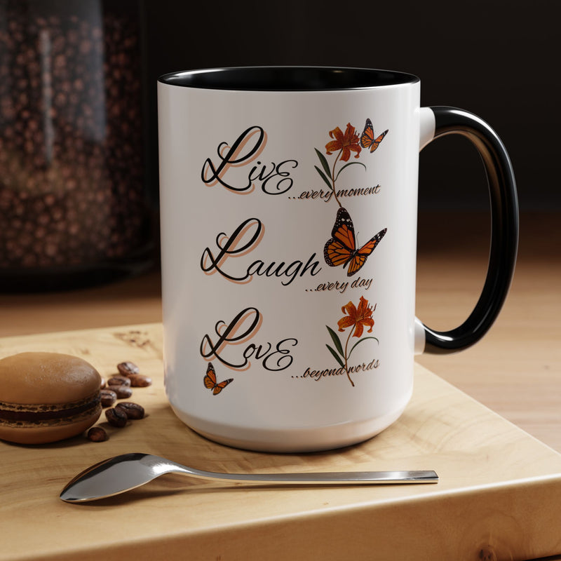 Live Laugh Love Butterfly Accent Coffee Mug — Floral Inspirational Tea Mug (11/15 oz)