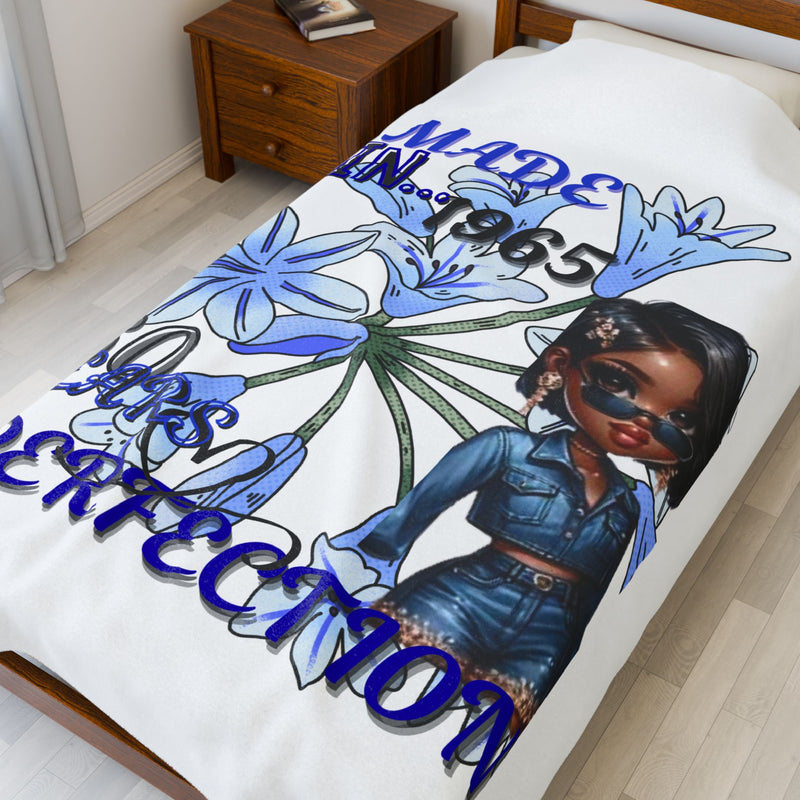 60th Birthday Velveteen Plush Blanket, Cozy Throw, Gift for Her, Made in 1965, Birthday Celebration, Custom Blanket, Floral Design