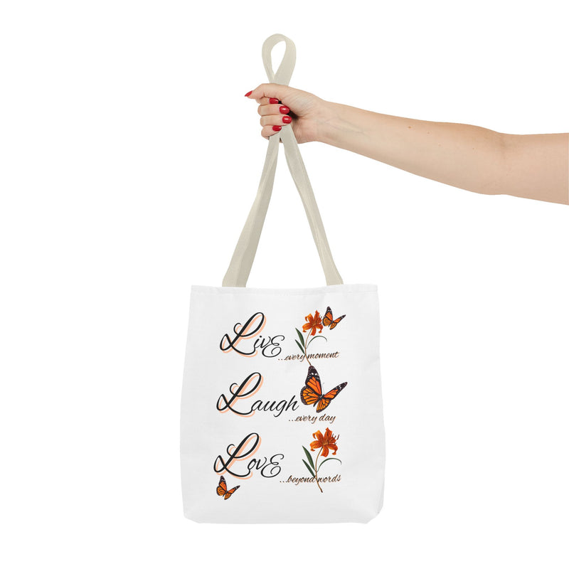 Live Laugh Love Butterfly Tote Bag — Inspirational Floral Everyday Shopper