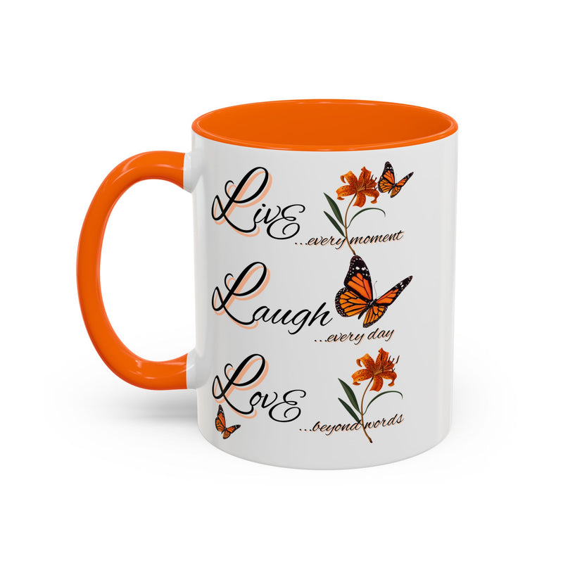 Live Laugh Love Butterfly Accent Coffee Mug — Floral Inspirational Tea Mug (11/15 oz)