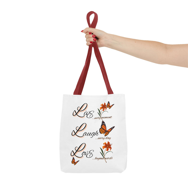 Live Laugh Love Butterfly Tote Bag — Inspirational Floral Everyday Shopper