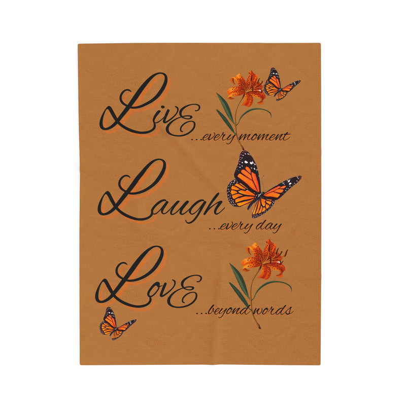 Live Laugh Love Velveteen Plush Blanket – Monarch Butterfly Floral Throw
