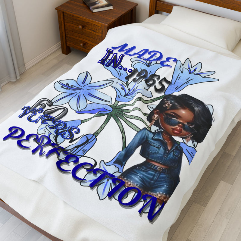 60th Birthday Velveteen Plush Blanket, Cozy Throw, Gift for Her, Made in 1965, Birthday Celebration, Custom Blanket, Floral Design