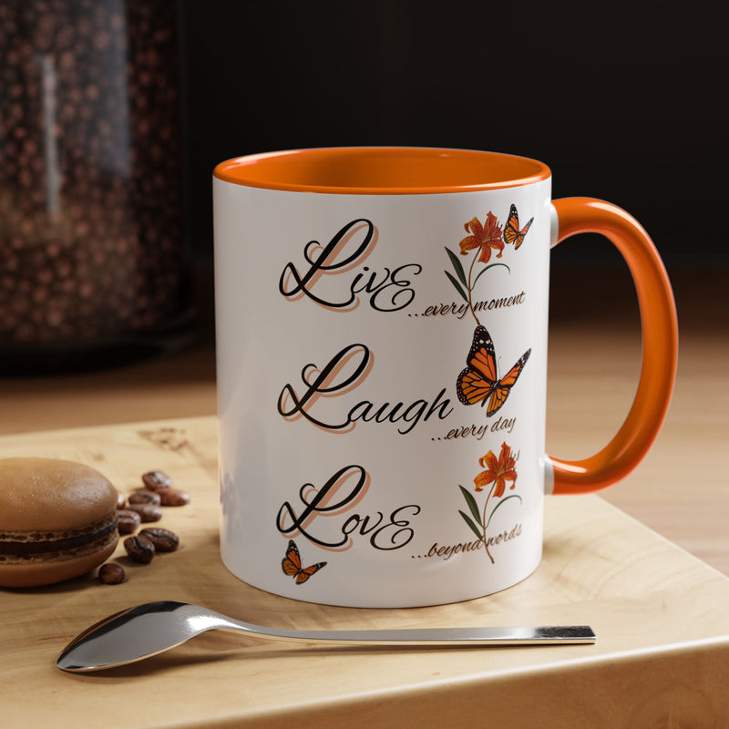 Live Laugh Love Butterfly Accent Coffee Mug — Floral Inspirational Tea Mug (11/15 oz)