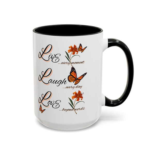 Live Laugh Love Butterfly Accent Coffee Mug — Floral Inspirational Tea Mug (11/15 oz)