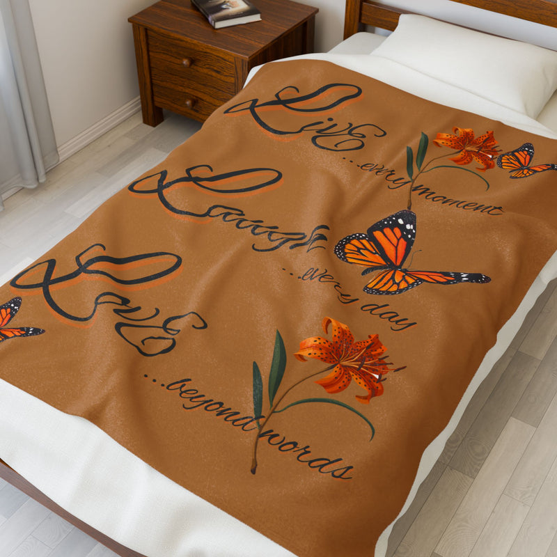 Live Laugh Love Velveteen Plush Blanket – Monarch Butterfly Floral Throw