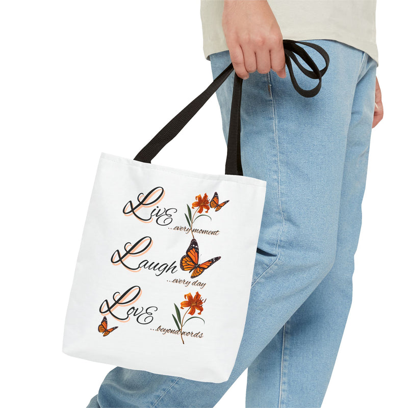 Live Laugh Love Butterfly Tote Bag — Inspirational Floral Everyday Shopper