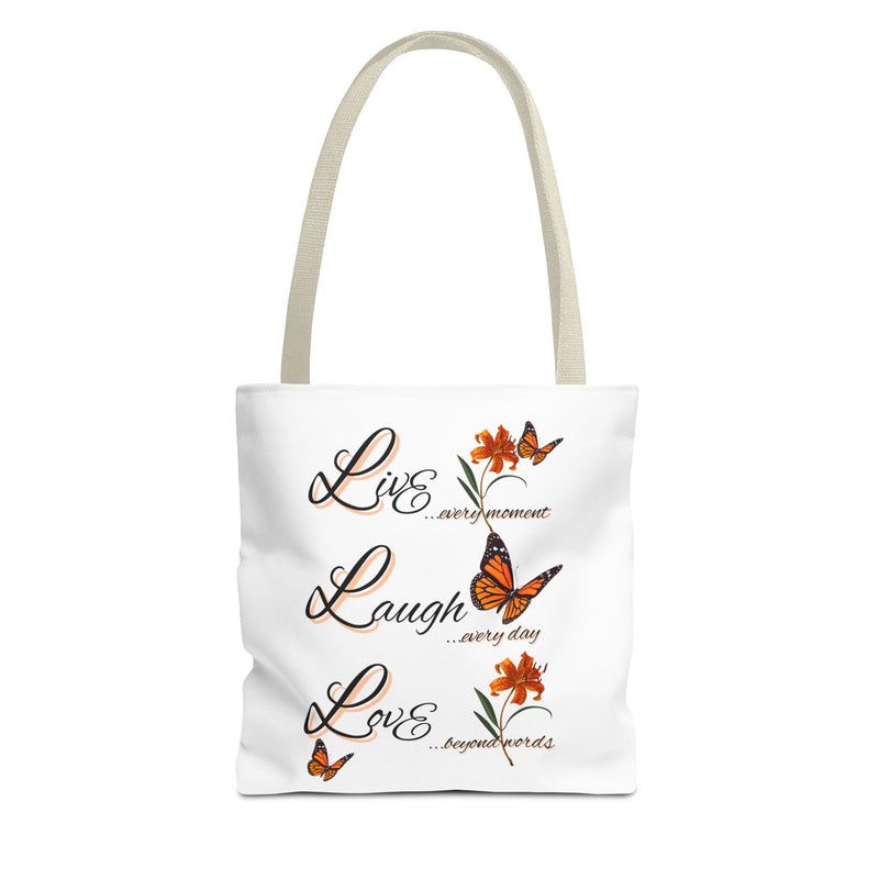 Live Laugh Love Butterfly Tote Bag — Inspirational Floral Everyday Shopper