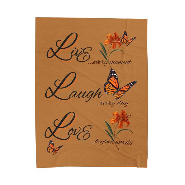 Live Laugh Love Velveteen Plush Blanket – Monarch Butterfly Floral Throw