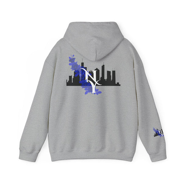 City Skyline Hoodie with Blue Floral Silhouette
