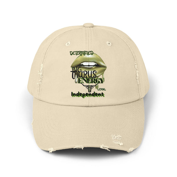 Unisex Distressed Cap with Green Lip Taurus Design, Casual Hat, Trendy Accessory, Unique Gift, Everyday Wear, Fun Fashion Statement