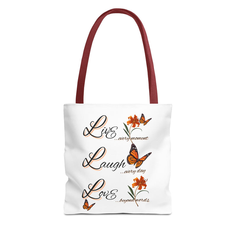 Live Laugh Love Butterfly Tote Bag — Inspirational Floral Everyday Shopper