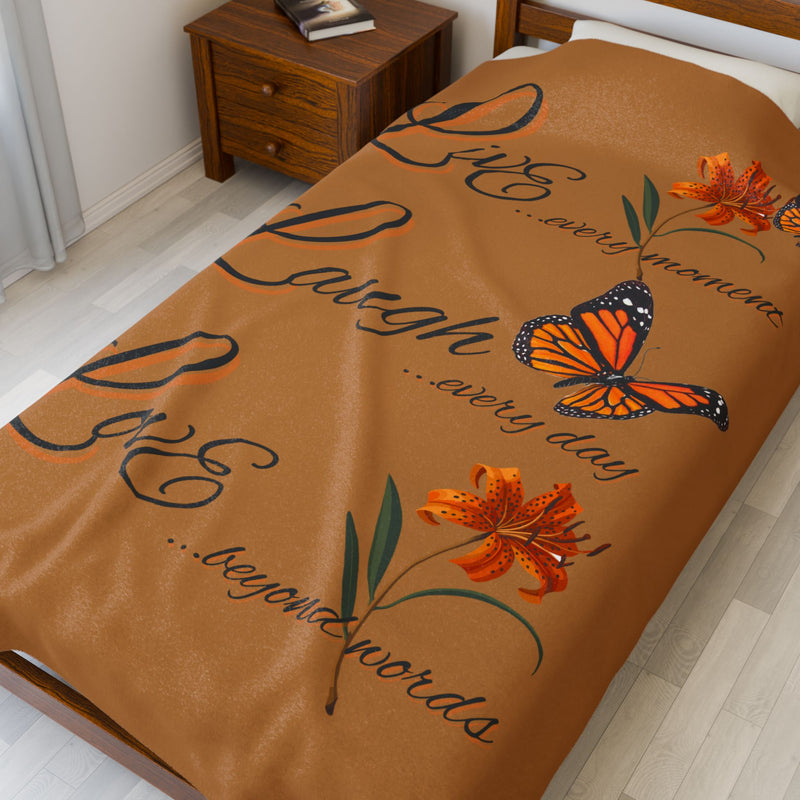 Live Laugh Love Velveteen Plush Blanket – Monarch Butterfly Floral Throw