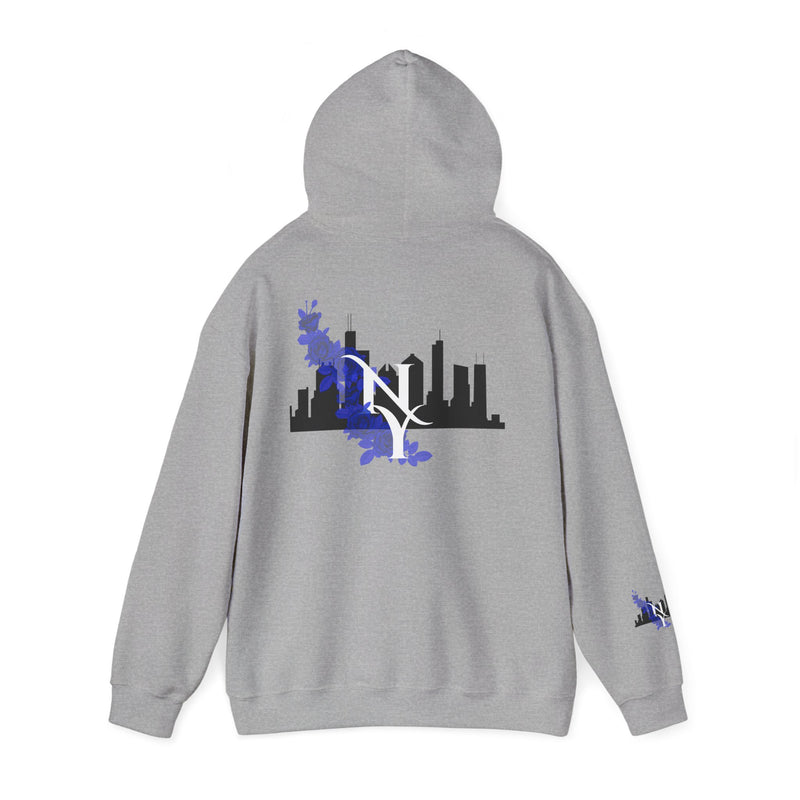 City Skyline Hoodie with Blue Floral Silhouette