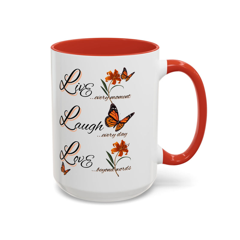 Live Laugh Love Butterfly Accent Coffee Mug — Floral Inspirational Tea Mug (11/15 oz)