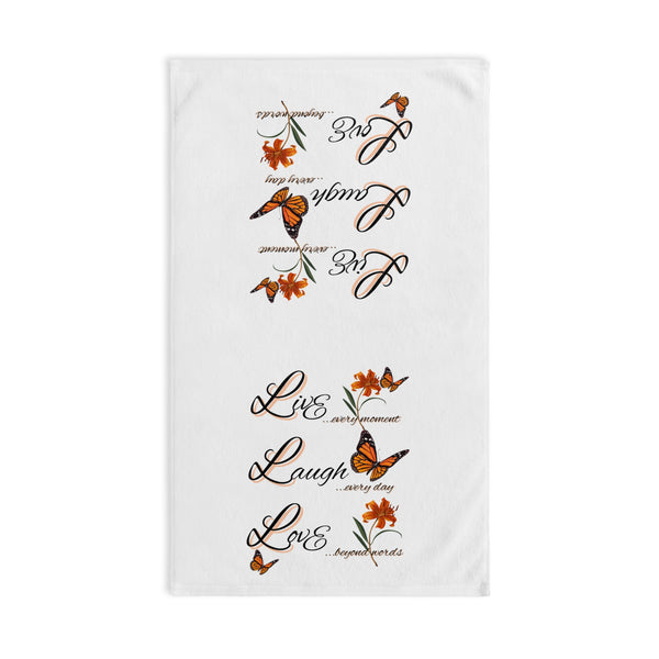 Live Laugh Love Hand Towel — Orange Butterfly & Floral Kitchen Towel