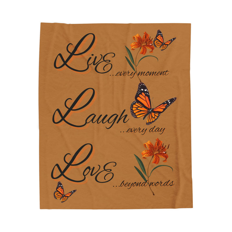 Live Laugh Love Velveteen Plush Blanket – Monarch Butterfly Floral Throw