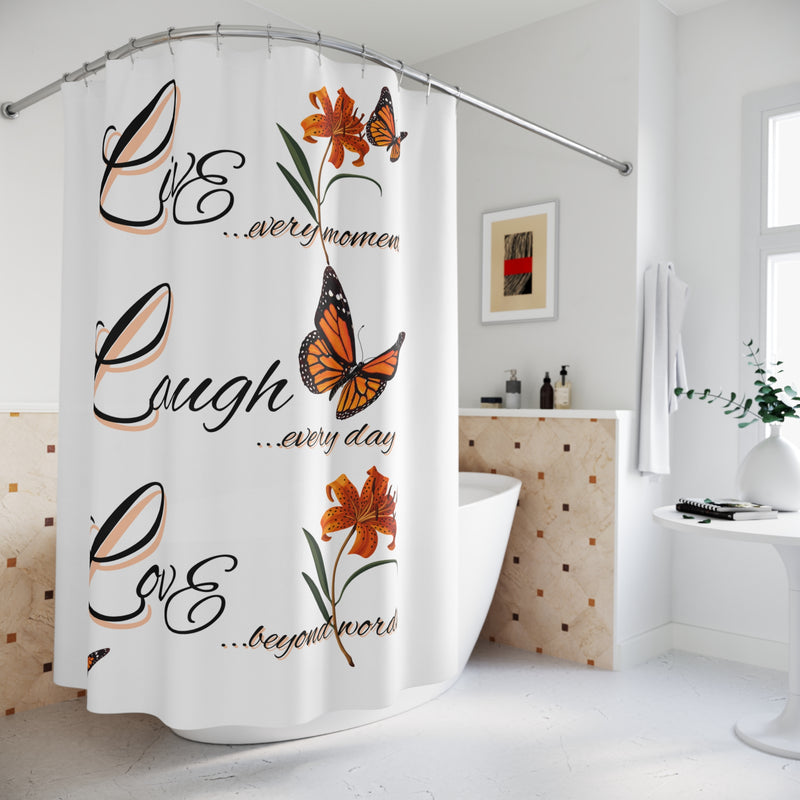 Shower Curtain - "Live Laugh Love" Monarch Butterfly Floral Bathroom Decor