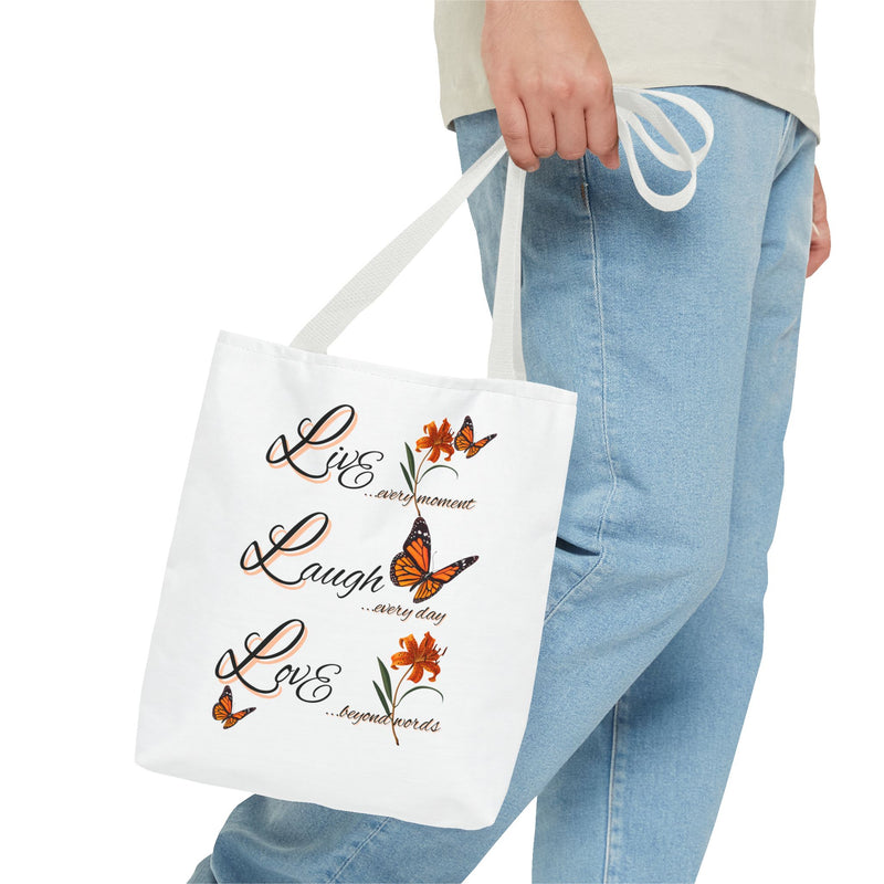 Live Laugh Love Butterfly Tote Bag — Inspirational Floral Everyday Shopper
