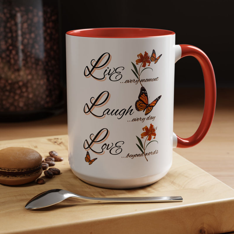 Live Laugh Love Butterfly Accent Coffee Mug — Floral Inspirational Tea Mug (11/15 oz)
