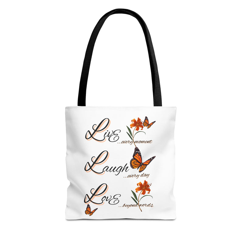 Live Laugh Love Butterfly Tote Bag — Inspirational Floral Everyday Shopper