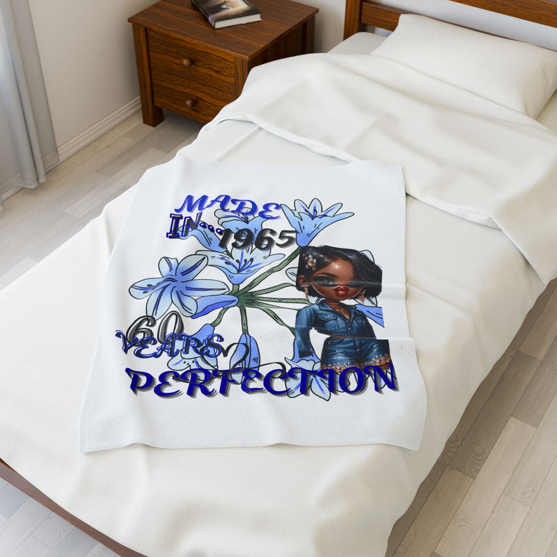 60th Birthday Velveteen Plush Blanket, Cozy Throw, Gift for Her, Made in 1965, Birthday Celebration, Custom Blanket, Floral Design