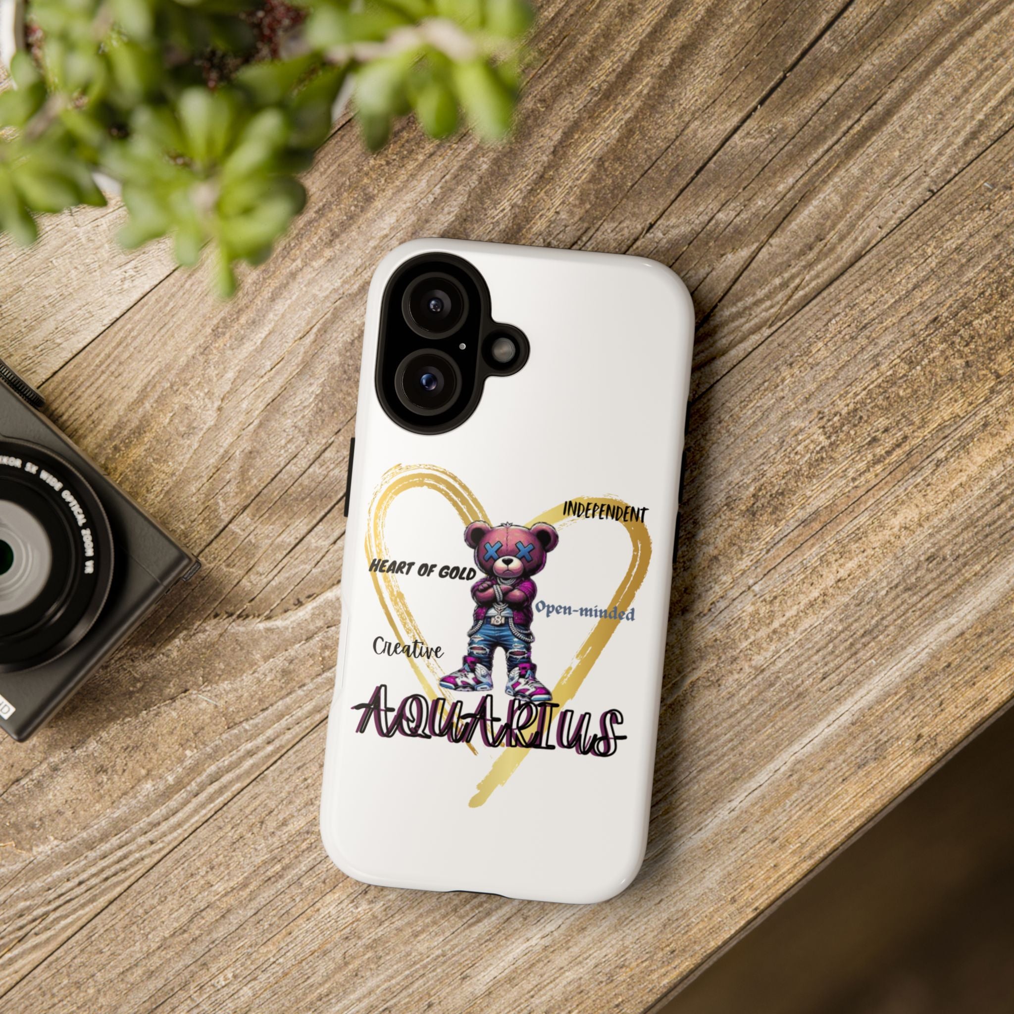 Aquarius Phone Case - Tough Cases with Heart of Gold Design, Cute Bear, Zodiac Gift, Trendy Tech, Astrology Lover