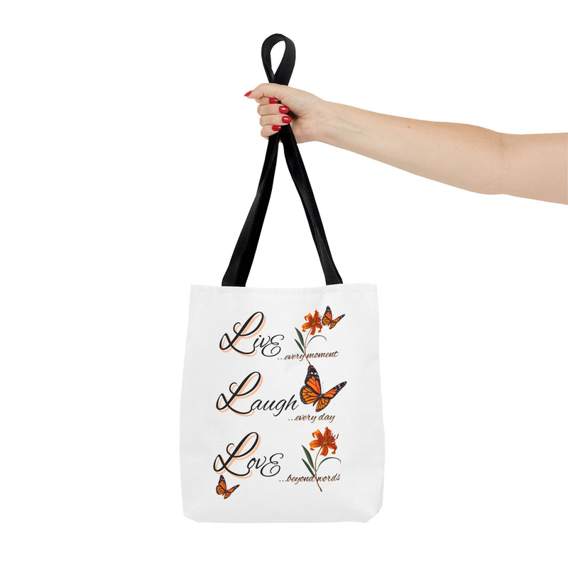 Live Laugh Love Butterfly Tote Bag — Inspirational Floral Everyday Shopper