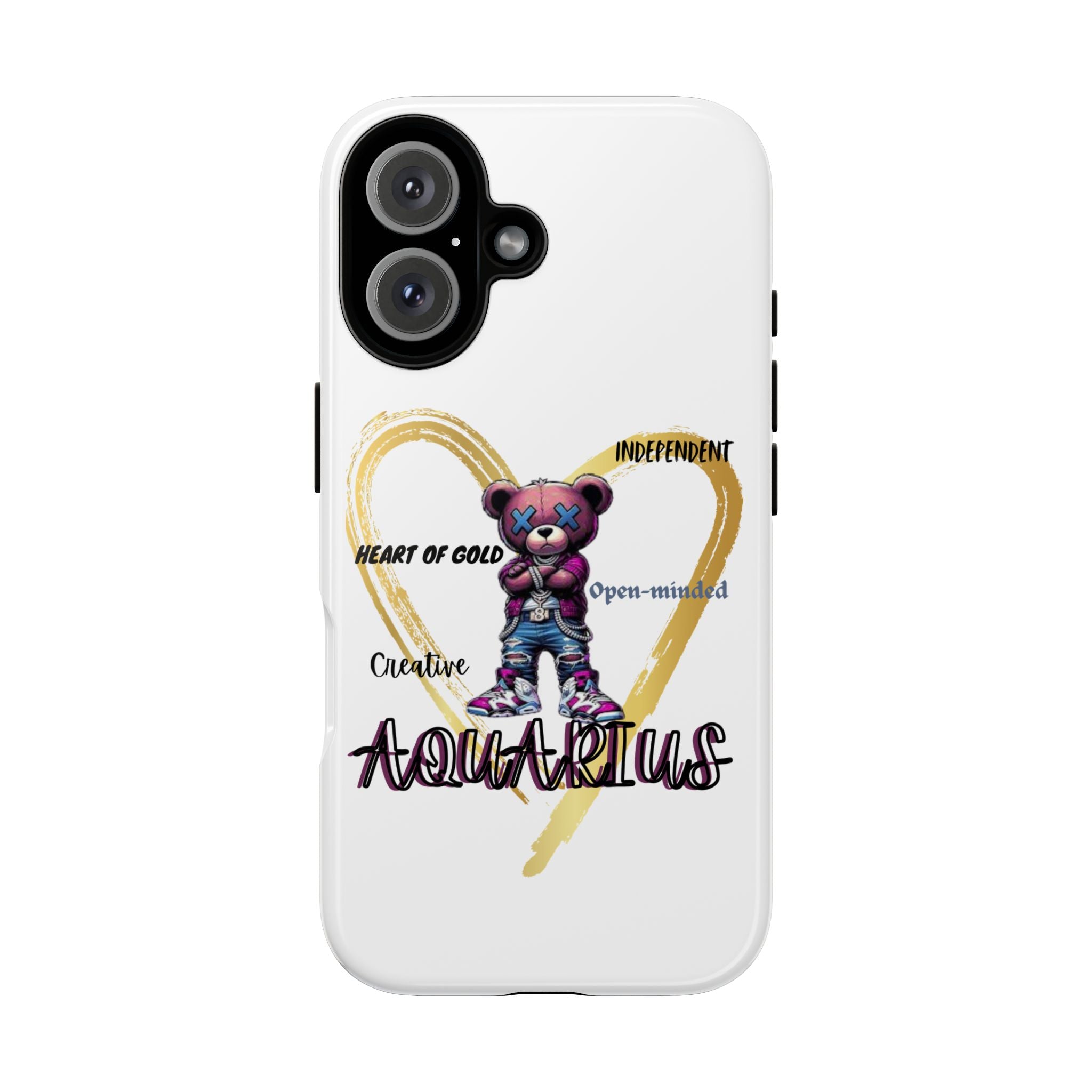 Aquarius Phone Case - Tough Cases with Heart of Gold Design, Cute Bear, Zodiac Gift, Trendy Tech, Astrology Lover