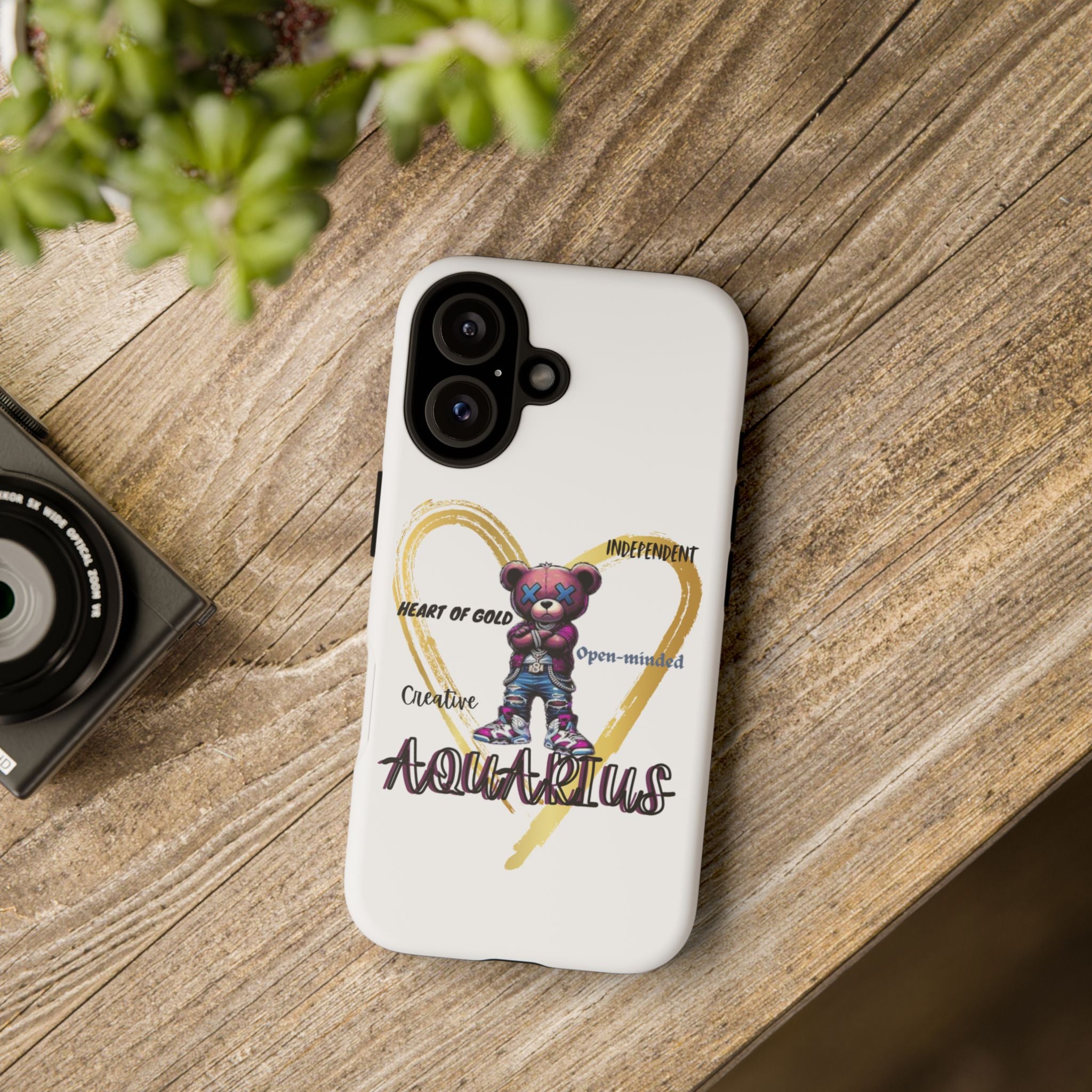 Aquarius Phone Case - Tough Cases with Heart of Gold Design, Cute Bear, Zodiac Gift, Trendy Tech, Astrology Lover