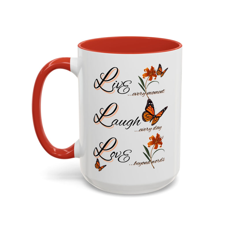 Live Laugh Love Butterfly Accent Coffee Mug — Floral Inspirational Tea Mug (11/15 oz)