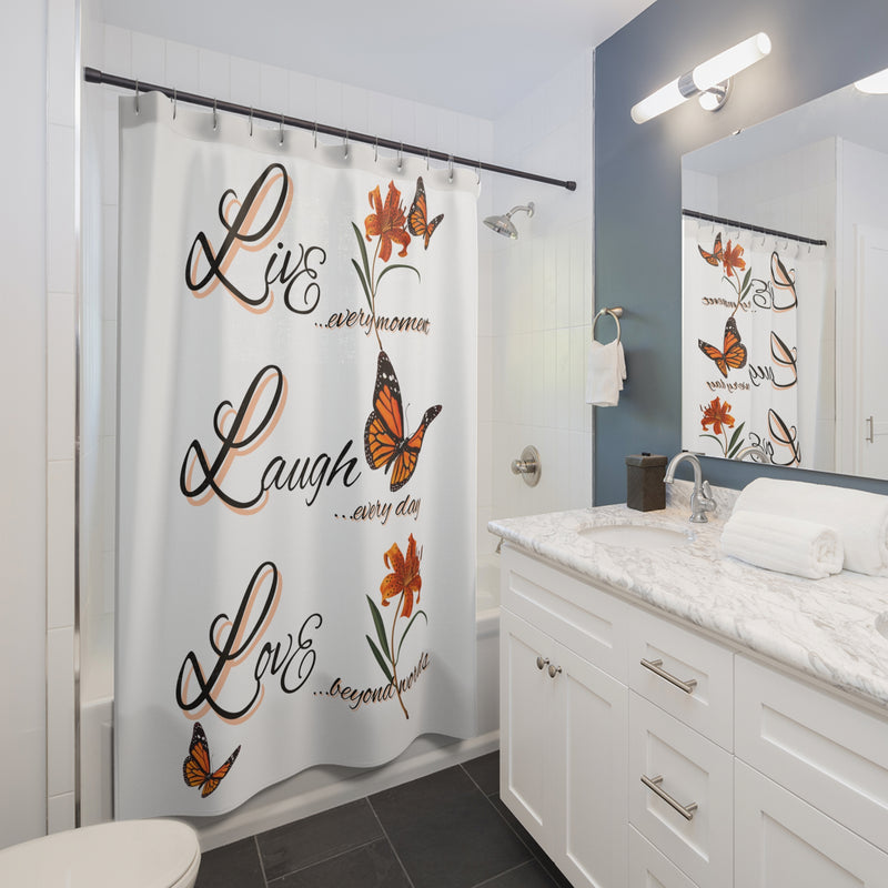 Shower Curtain - "Live Laugh Love" Monarch Butterfly Floral Bathroom Decor