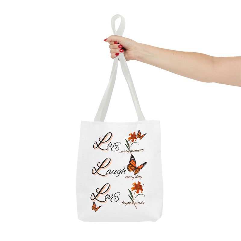 Live Laugh Love Butterfly Tote Bag — Inspirational Floral Everyday Shopper