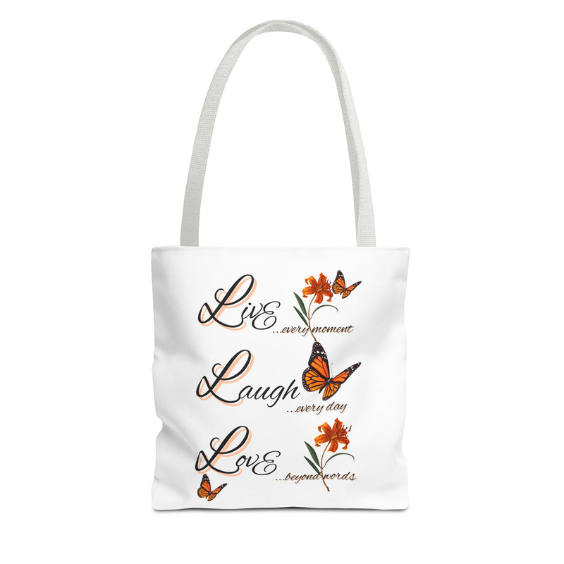 Live Laugh Love Butterfly Tote Bag — Inspirational Floral Everyday Shopper