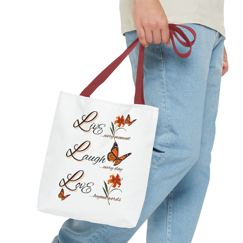 Live Laugh Love Butterfly Tote Bag — Inspirational Floral Everyday Shopper